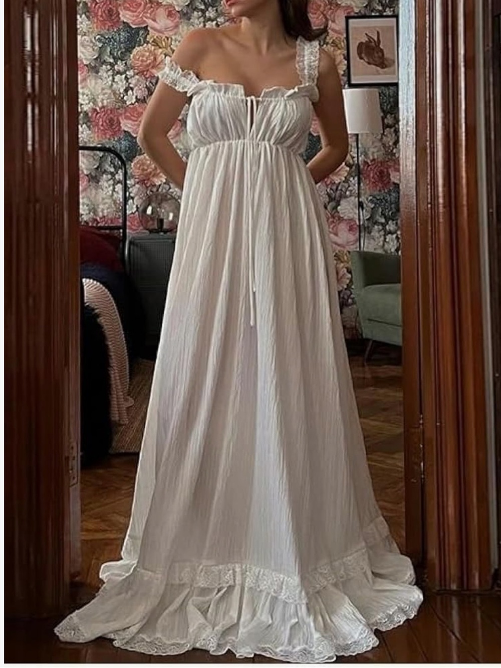 Victorian Boho Wedding Dress White Ruffled Maxi Dress with Tie Detail